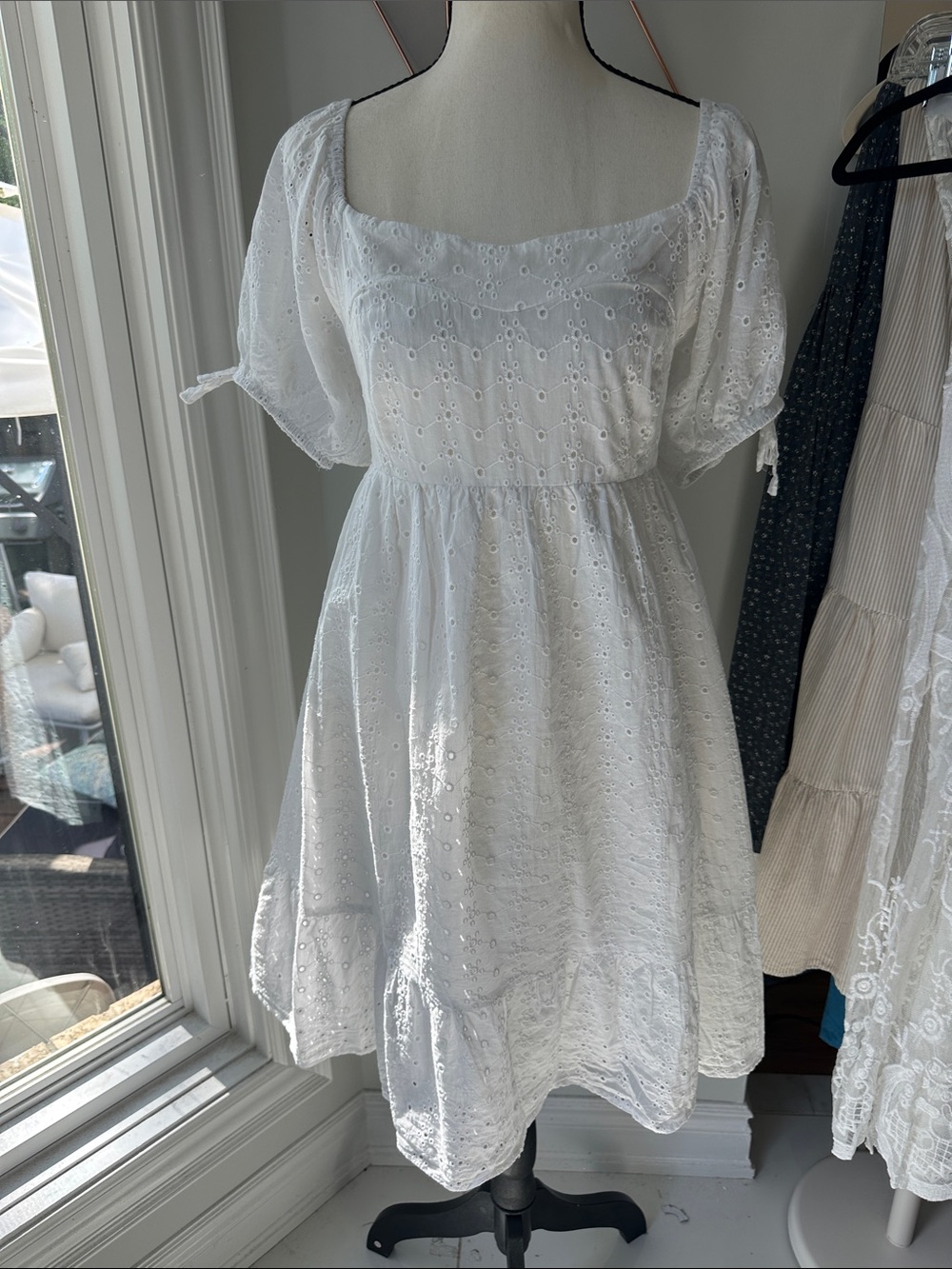 VERTICHE White Eyelet Puff-Sleeve Square Neck Babydoll Dress Cotton Size Large - Picture 2 of 16